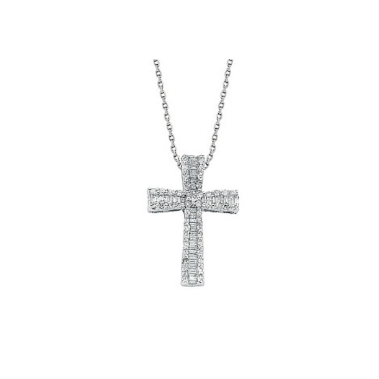 9ct White Gold 0.50ct Brilliant & Baguette Cut Diamond Cross Pendant with 18in/45cm Chain