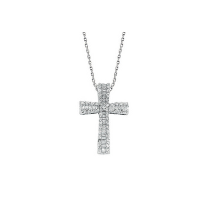 9ct White Gold 0.50ct Brilliant & Baguette Cut Diamond Cross Pendant with 18in/45cm Chain