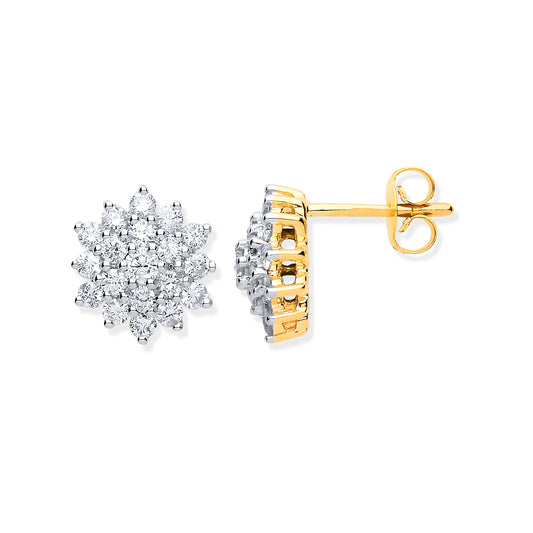 9ct Yellow Gold 1.00ct Diamond Cluster Stud Earrings