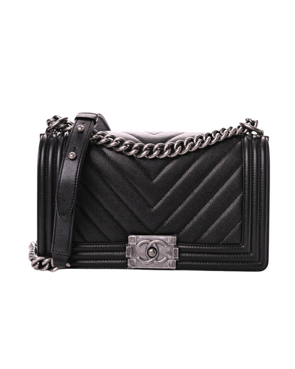 CHANEL Caviar Chevron Quilted Medium Boy Flap Black